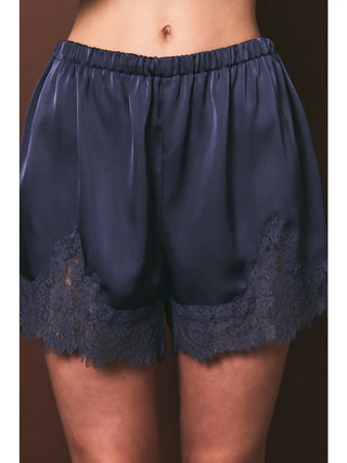Midnight blue satin lounge shorts with scalloped lace trim hem and elastic waist