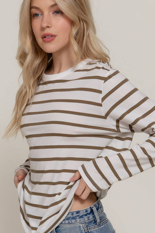 White long sleeve crew neck tee with olive brown horizontal stripes