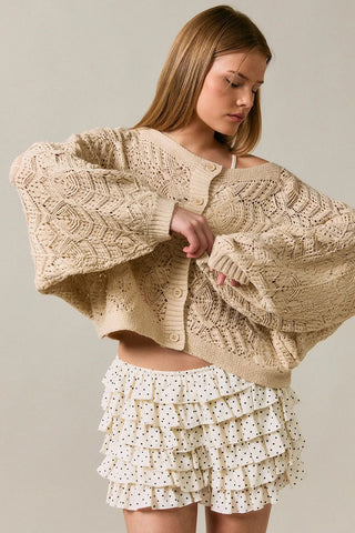 Oatmeal open-knit crochet cardigan with wide sleeves and button front closure