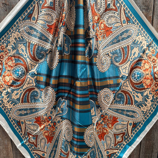 Teal paisley and plaid silk wild rag scarf with orange and cream accents