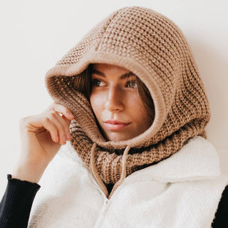 Pretty Simple Bailey Balaclava in tan chunky knit worn as hood and neck cover
