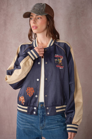 The Patsy Western Patch Satin Varsity Jacket in Navy