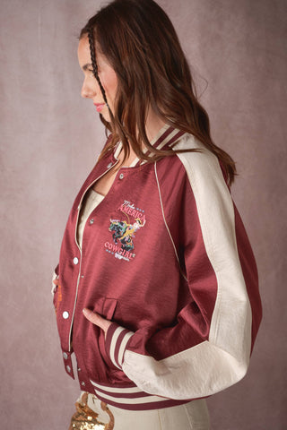 The Patsy Western Patch Satin Varsity Jacket in Rust