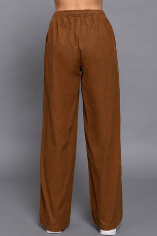 Brown corduroy wide-leg pants with elastic waistband, relaxed straight fit, back view