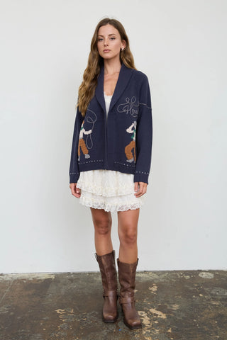 Navy knit cardigan with cowboy jacquard pattern and shawl collar