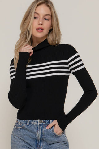 Black ribbed turtleneck sweater top with white chest stripes, long sleeves
