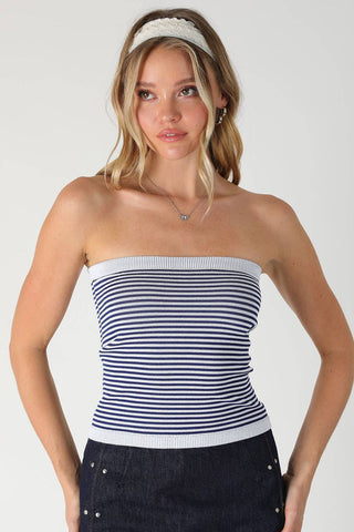 Navy and white striped seamless bandeau tube top with ribbed trim edges
