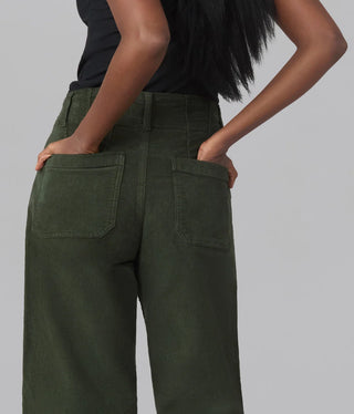 High rise wide leg olive green corduroy pants with patch back pockets