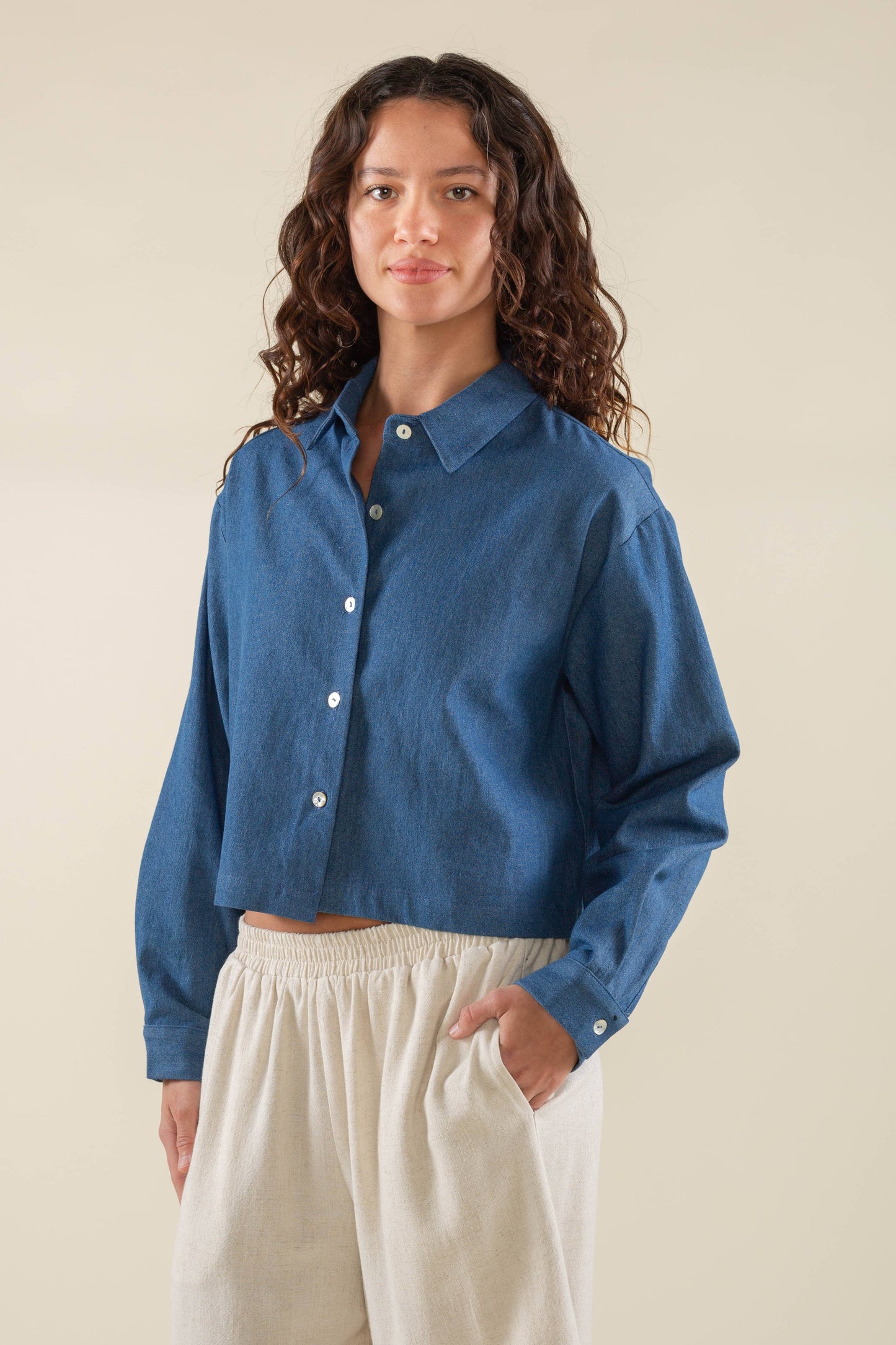 Charli Boxy Long Sleeve Denim Button Down