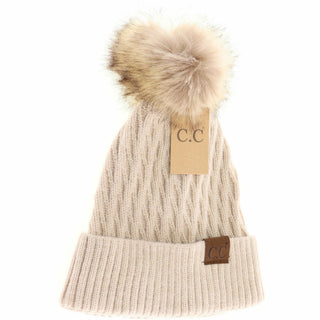 Cream cable knit C.C beanie with faux fur pom pom and cuffed brim