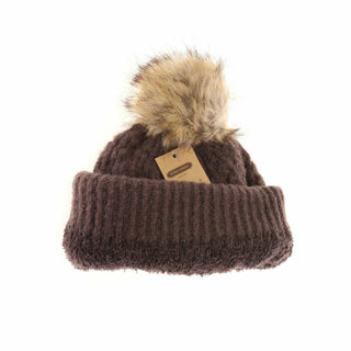 Brown ribbed knit beanie with faux fur pom-pom and fuzzy lining inside