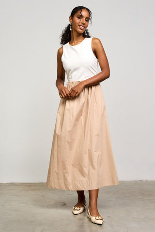 The Melanie Mixed Media Taupe Midi Dress