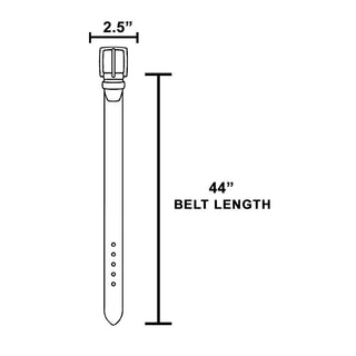 Diagram of a 44-inch vegan leather belt with 2.5-inch hammered oval buckle