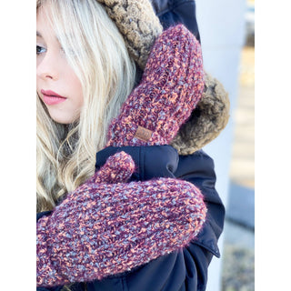 Women's burgundy multicolor boucle knit CC mittens with fluffy textured yarn