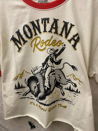 White crop ringer tee with red trim, Montana Rodeo buffalo rider graphic