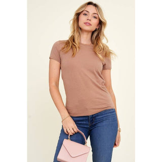 Women's mauve crew neck short sleeve fitted basic cotton knit tee with jeans