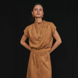 Able Patra camel faux suede mock-neck top and midi skirt set