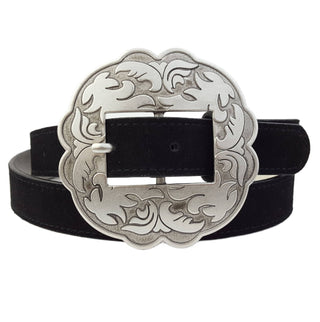 Black suede leather belt with large silver engraved western floral scalloped buckle