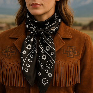 Black and white paisley floral wild rag scarf tied around neck over brown fringe suede jacket