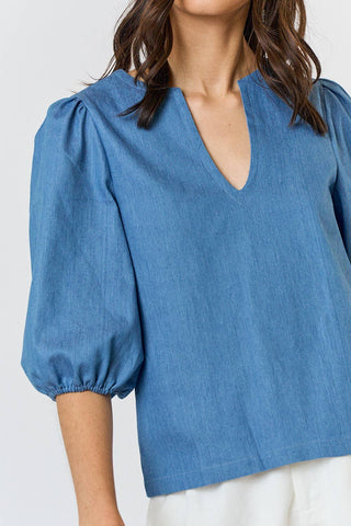The Charlie Denim V Neck Puff Sleeve Top