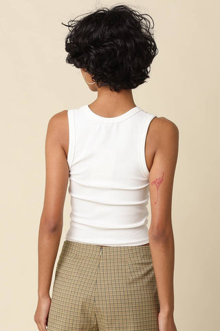 White ribbed sleeveless crop tank top with scoop neck, back view