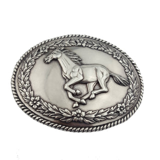 Silver oval belt buckle with embossed galloping horse and floral wreath border
