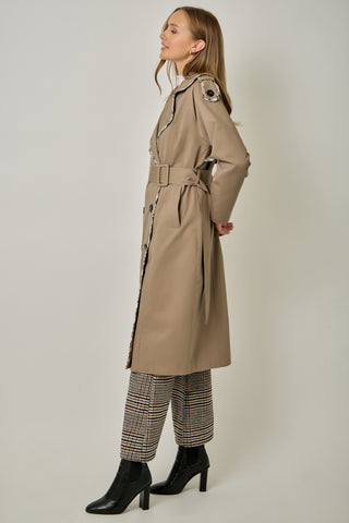 Taupe midi trench coat with plaid trim, belt, and double-breasted buttons
