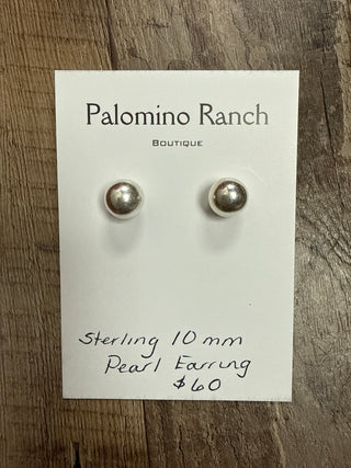 Sterling silver 10mm ball stud earrings displayed on Palomino Ranch Boutique card