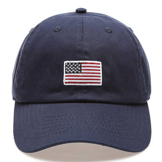 Navy blue cap with American flag patch on a white background