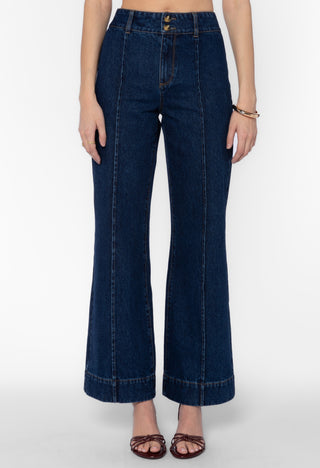 Velvet Heart Beth dark blue high-rise wide-leg flare jeans with front seam detail