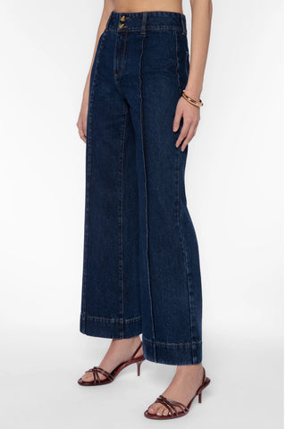 Velvet Heart Beth high-rise wide-leg dark wash blue jeans with gold double buttons