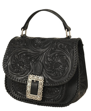 Black tooled leather crossbody bag with floral embossing, silver buckle, and top handle