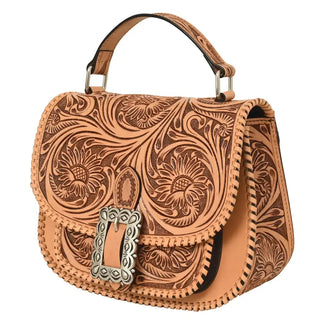 Rafter T Ranch natural tan tooled leather crossbody bag with floral western design and silver buckle