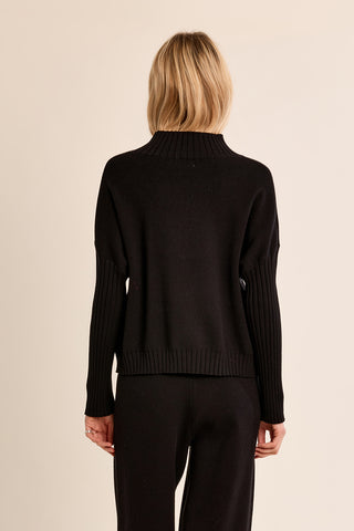 Black knitted turtleneck sweater with ribbed cuffs and hem, back view