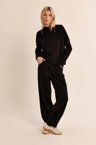 Molly Bracken black wide-leg knitted pants with ribbed hem and side pockets
