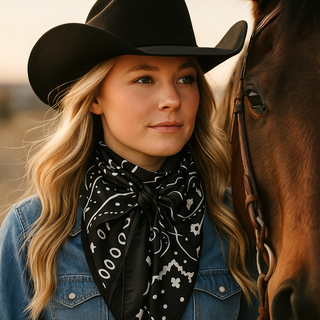 Woman wearing a black cowboy hat and bandana, standing next to a horse.