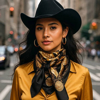 Woman wearing a black cowboy hat and gold scarf on a city street