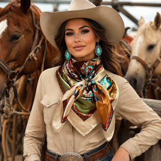 Woman in cowboy hat and scarf standing with horses in the background