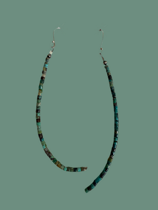 Long Navajo handmade Kingman turquoise heishi bead drop earrings with silver hooks