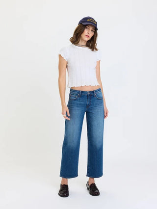 Cropped straight jeans in medium blue wash, low rise, wide leg, ankle length