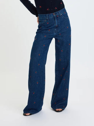 High rise wide leg jeans in dark blue denim with cherry embroidery pattern