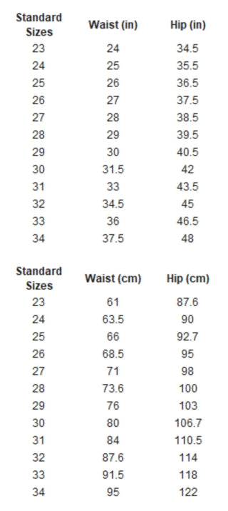 Measurement chart for waist and hip sizes in both inches and centimeters.