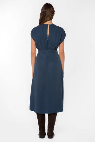 Navy blue cap sleeve midi dress with keyhole back and elastic waist