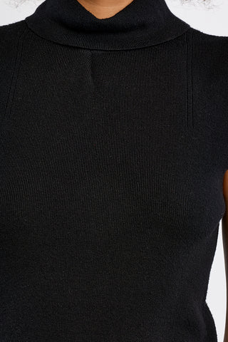 Black sleeveless ribbed knit turtleneck sweater, close-up front view