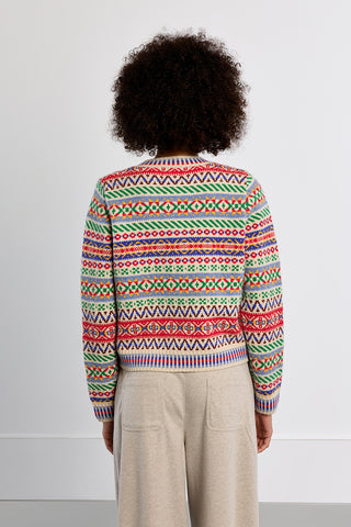 Multicolor Fair Isle knitted cardigan in offwhite with geometric patterns, back view