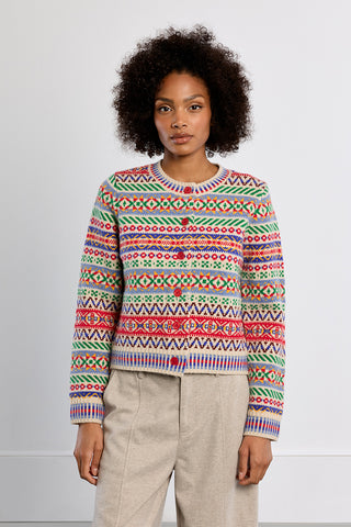 Multicolor Fair Isle knitted cardigan in offwhite with red buttons and geometric pattern