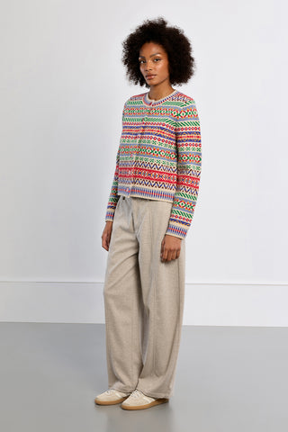 Molly Bracken multicolor Fair Isle knitted cardigan with geometric pattern, cropped fit