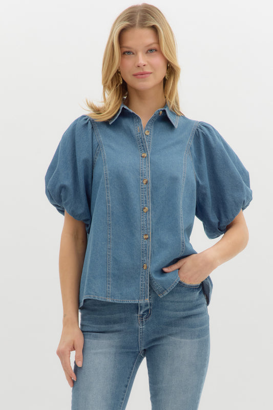 The Chloe Denim Puffed Sleeve Top