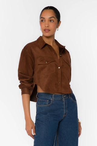 Cropped brown faux suede shirt jacket with snap buttons and chest pockets