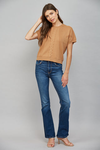 Camel short sleeve mixed knit sweater with cable detail, crew neck